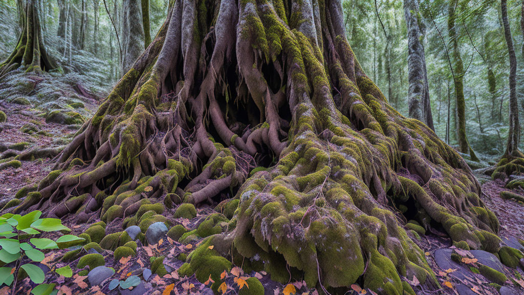 Lush greenery and moss-covered tree roots in forest setting