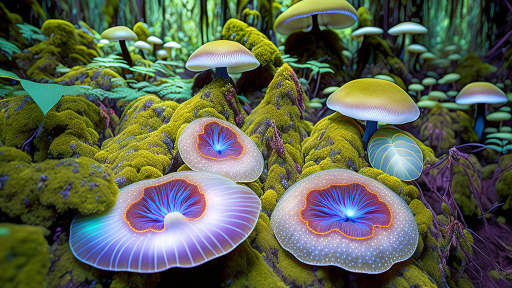 Colorful Mushrooms in Enchanted Forest Digital Art