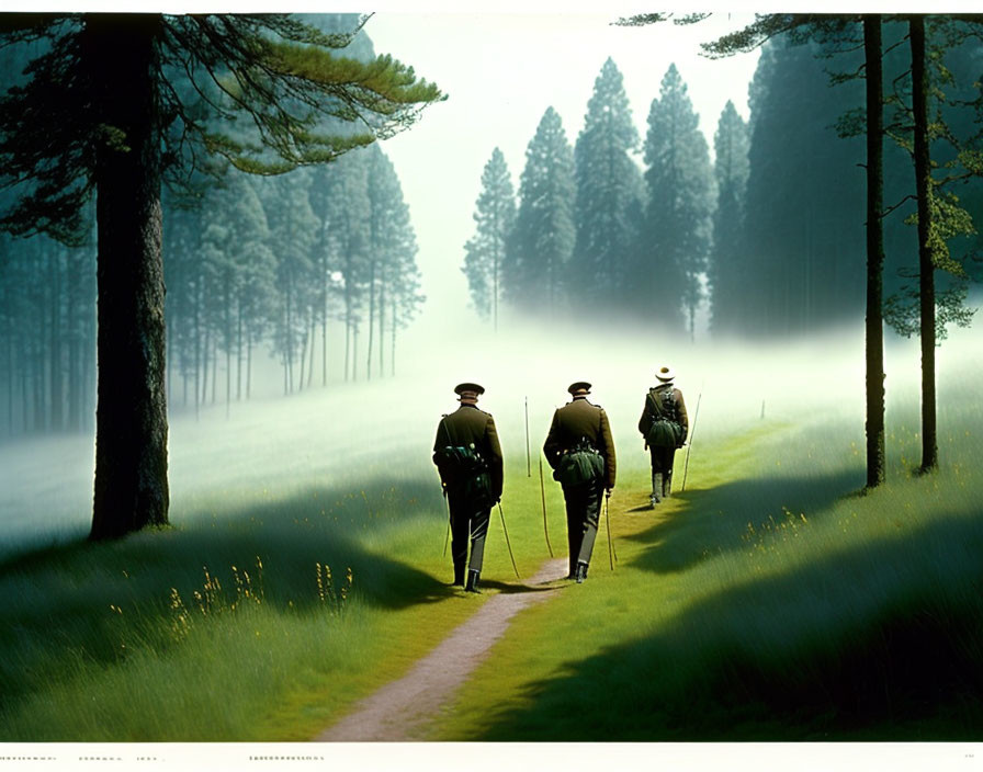 Three people walking in foggy forest landscape