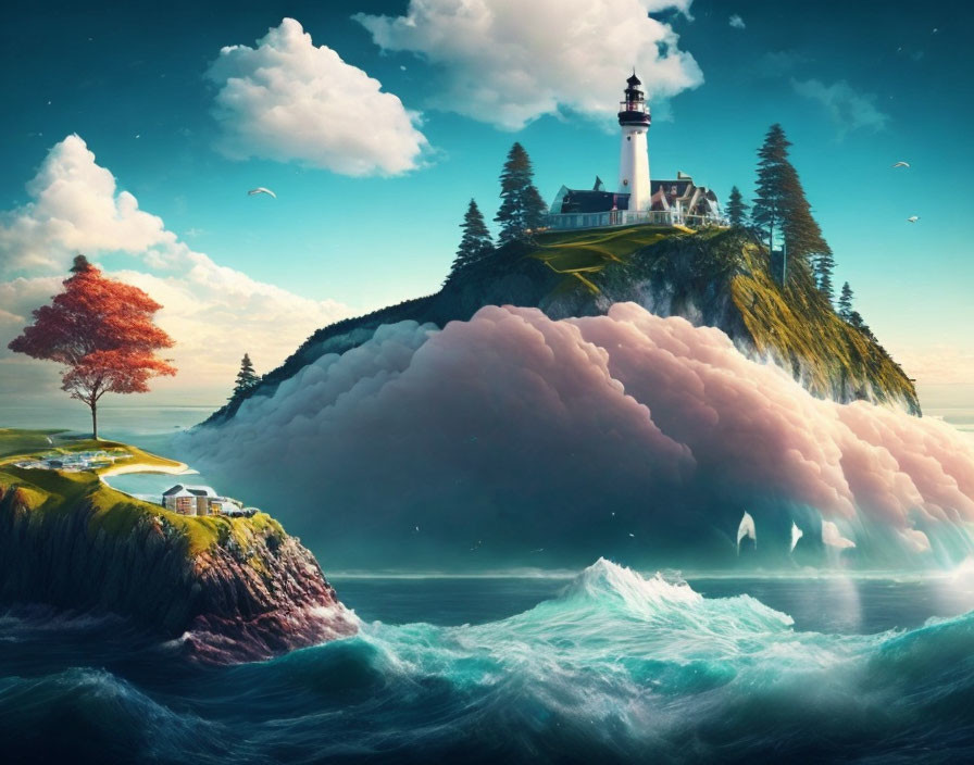 Majestic cliff-top lighthouse with autumn tree, pink clouds, and turbulent sea