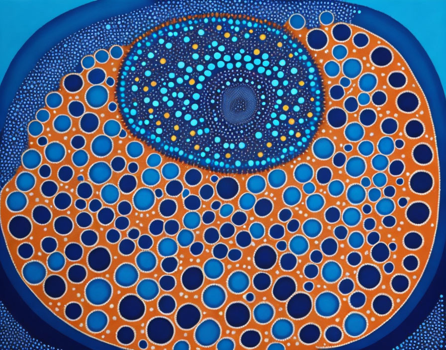 Abstract circular painting with blue and orange concentric dot patterns