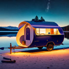 Futuristic teardrop camper by lake at twilight