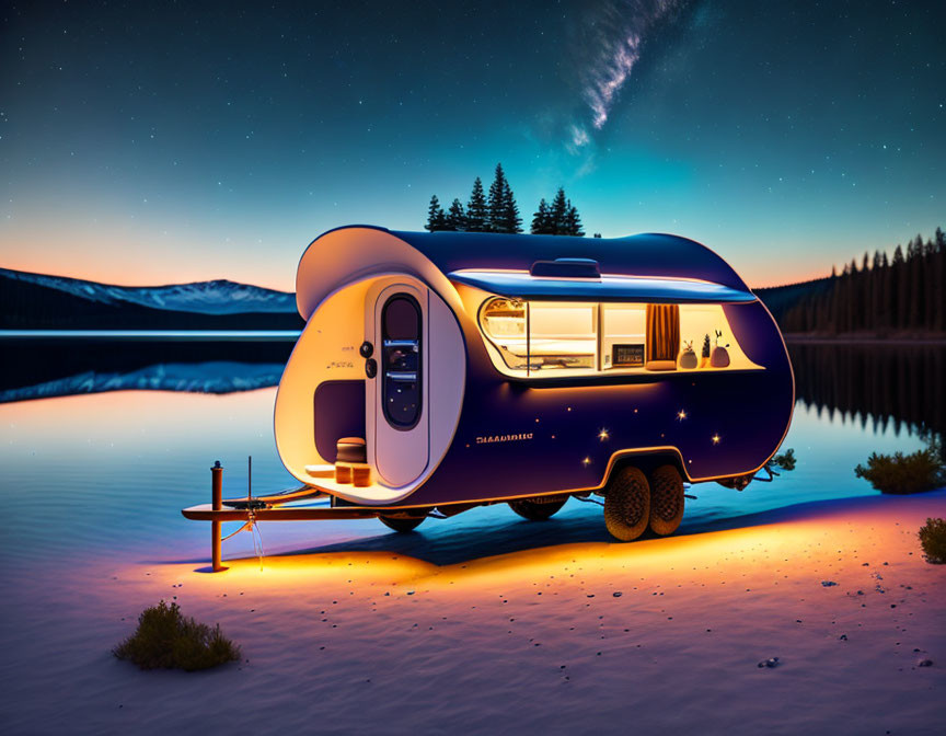 Futuristic teardrop camper by lake at twilight