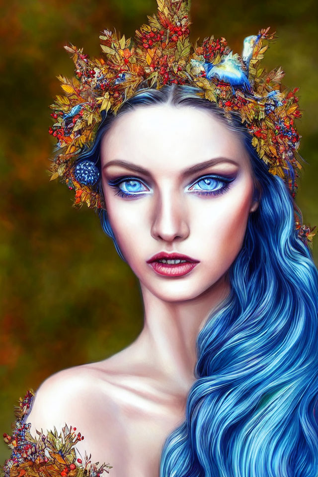 Portrait of a woman with blue wavy hair and intense blue eyes in autumn setting