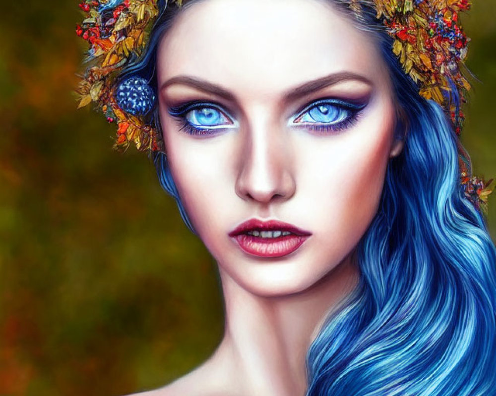 Portrait of a woman with blue wavy hair and intense blue eyes in autumn setting