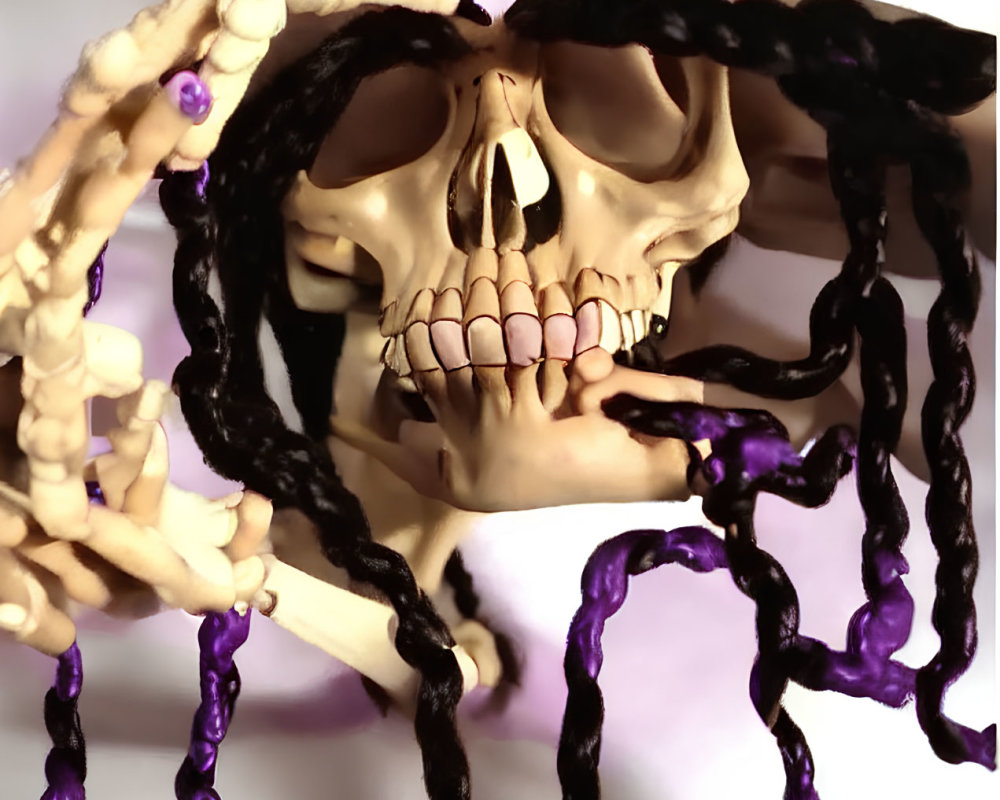 Skull with Black and Cream Braided Hair and Purple Beads on White Background