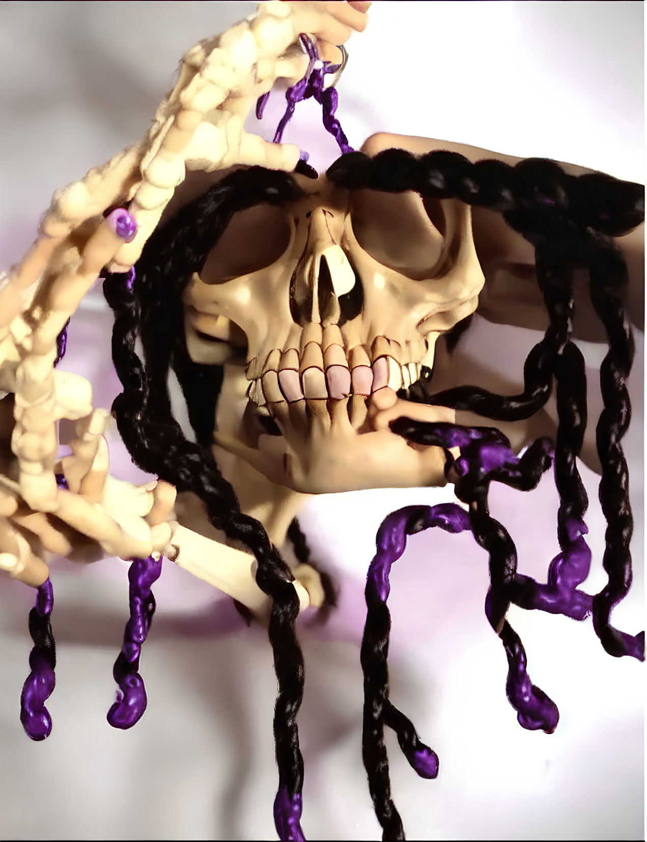 Skull with Black and Cream Braided Hair and Purple Beads on White Background