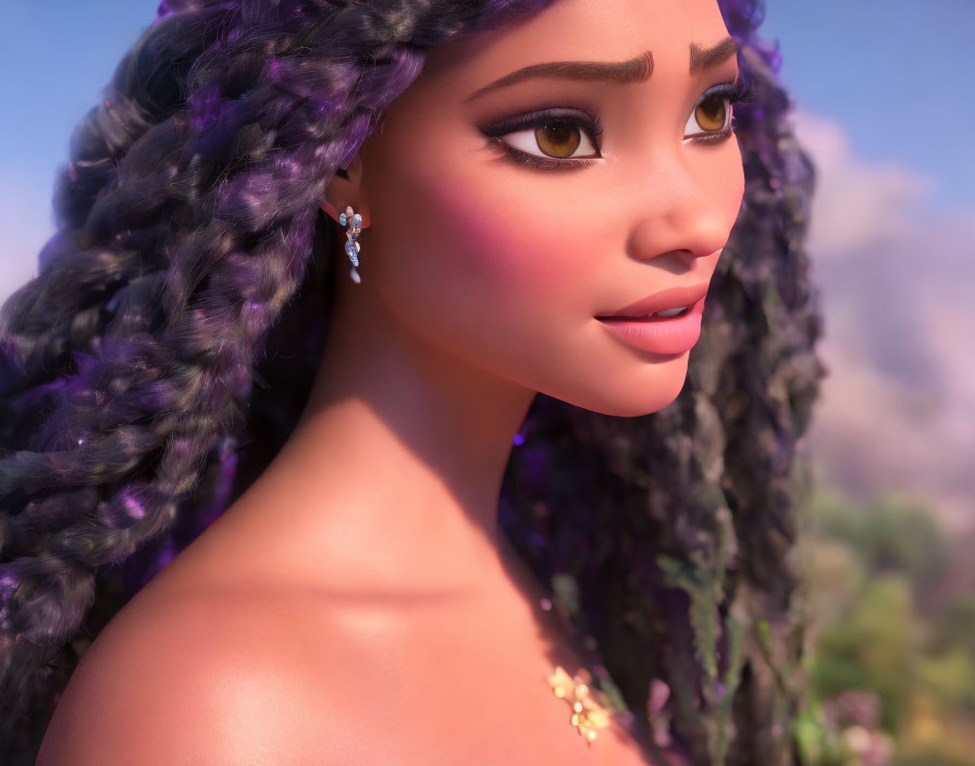Voluminous Purple Braids on Animated Female Character