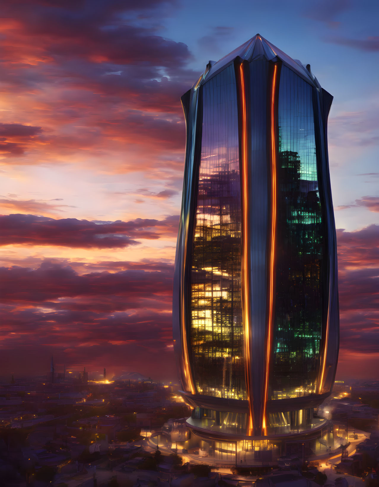 Futuristic skyscraper with illuminated vertical lines at twilight
