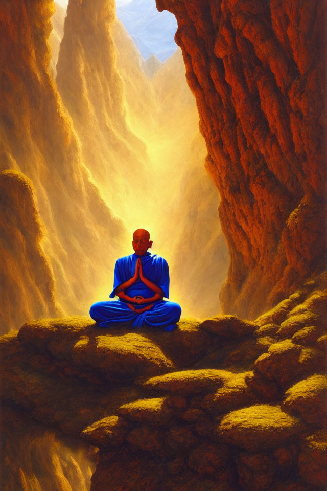 Monk in Blue Robes Meditating in Sunlit Canyon