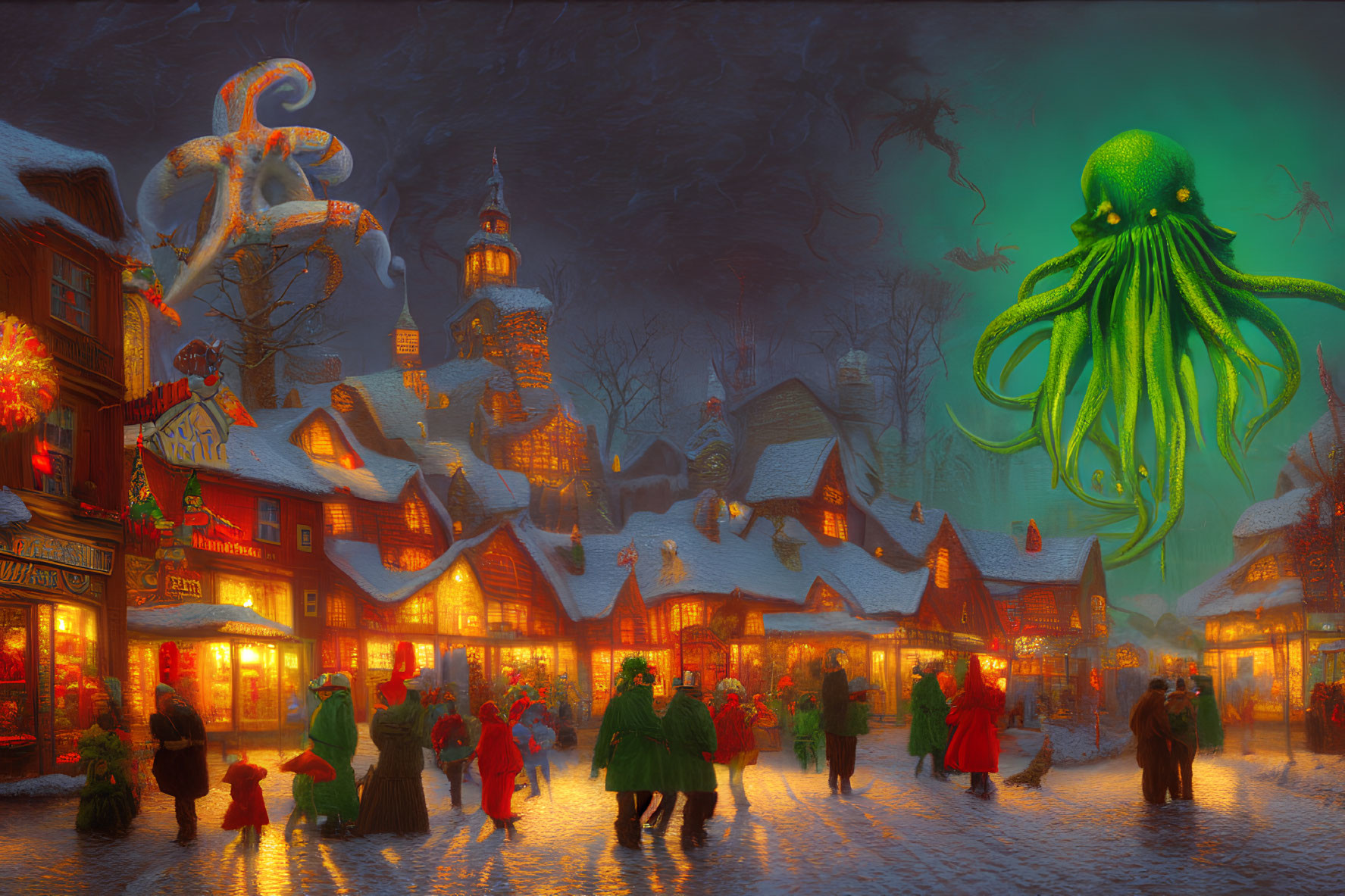 Snowy village at dusk with people and giant octopus-like creature