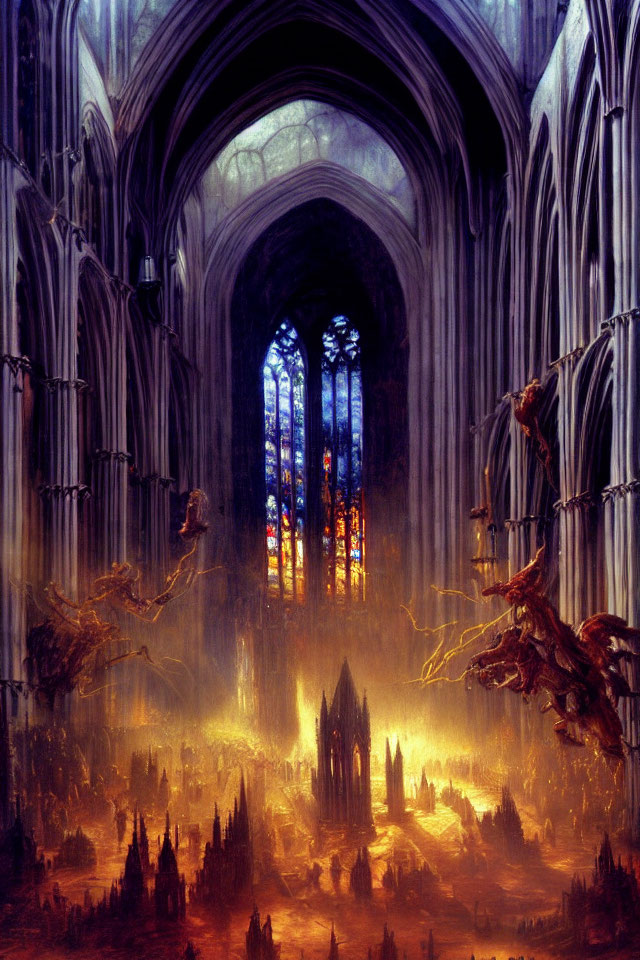 Gothic Cathedral Interior with Fantastical Landscape and Mythic Creatures