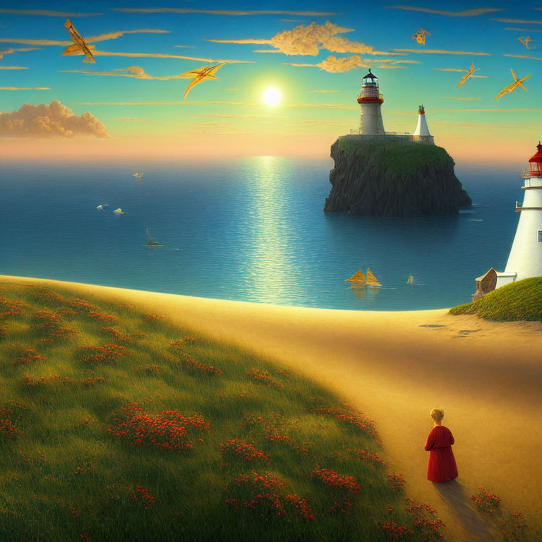 Child in Red Cloak on Hill Overlooking Sea at Sunset with Lighthouse, Boats, and