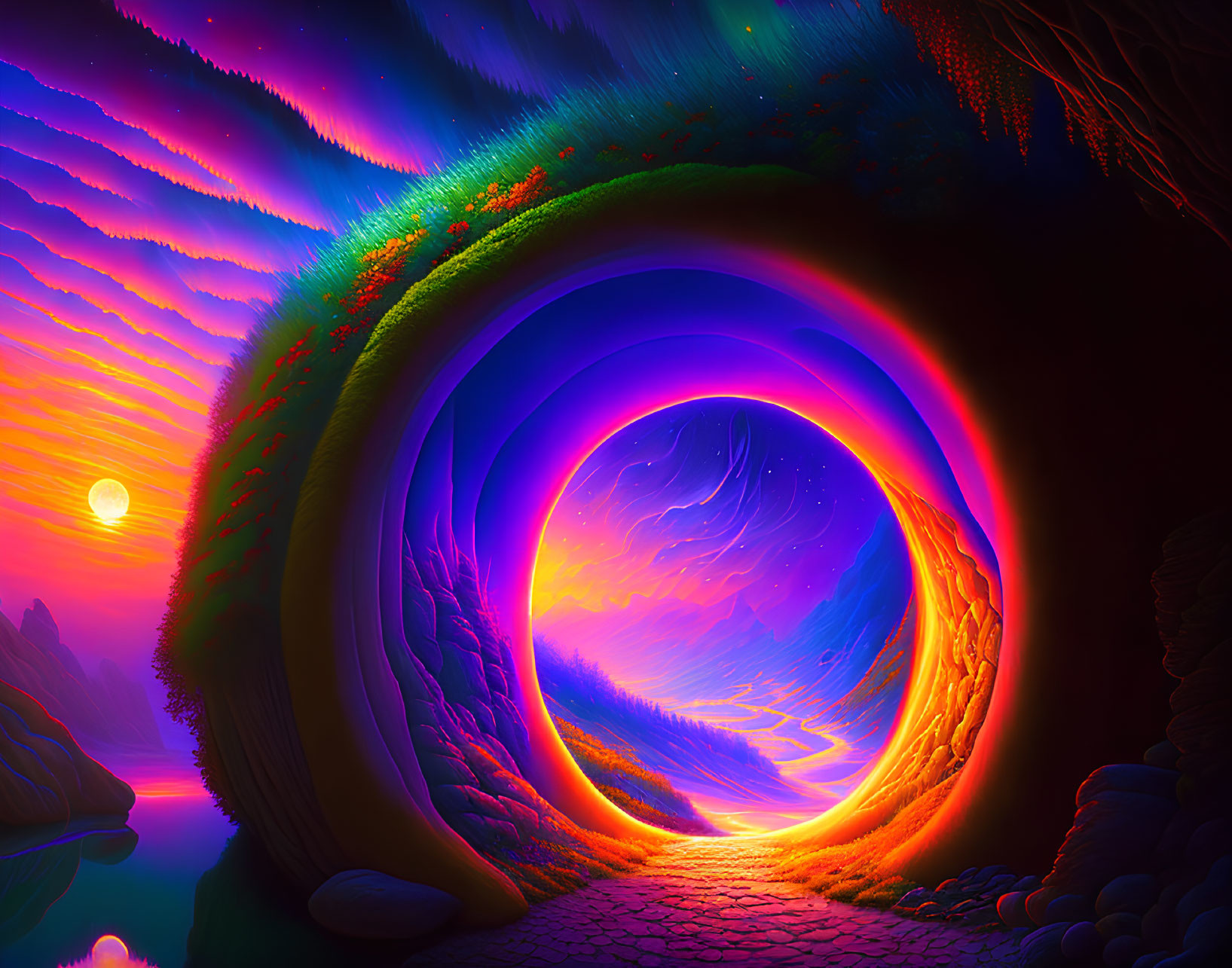 Colorful surreal landscape with spiraling pathway and starry sky