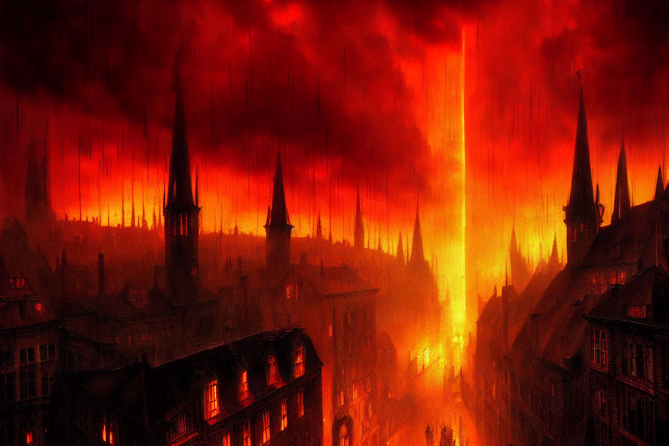 Gothic cityscape under crimson sky with fiery beams