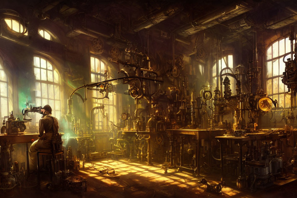 Person working surrounded by steampunk machinery in industrial workshop