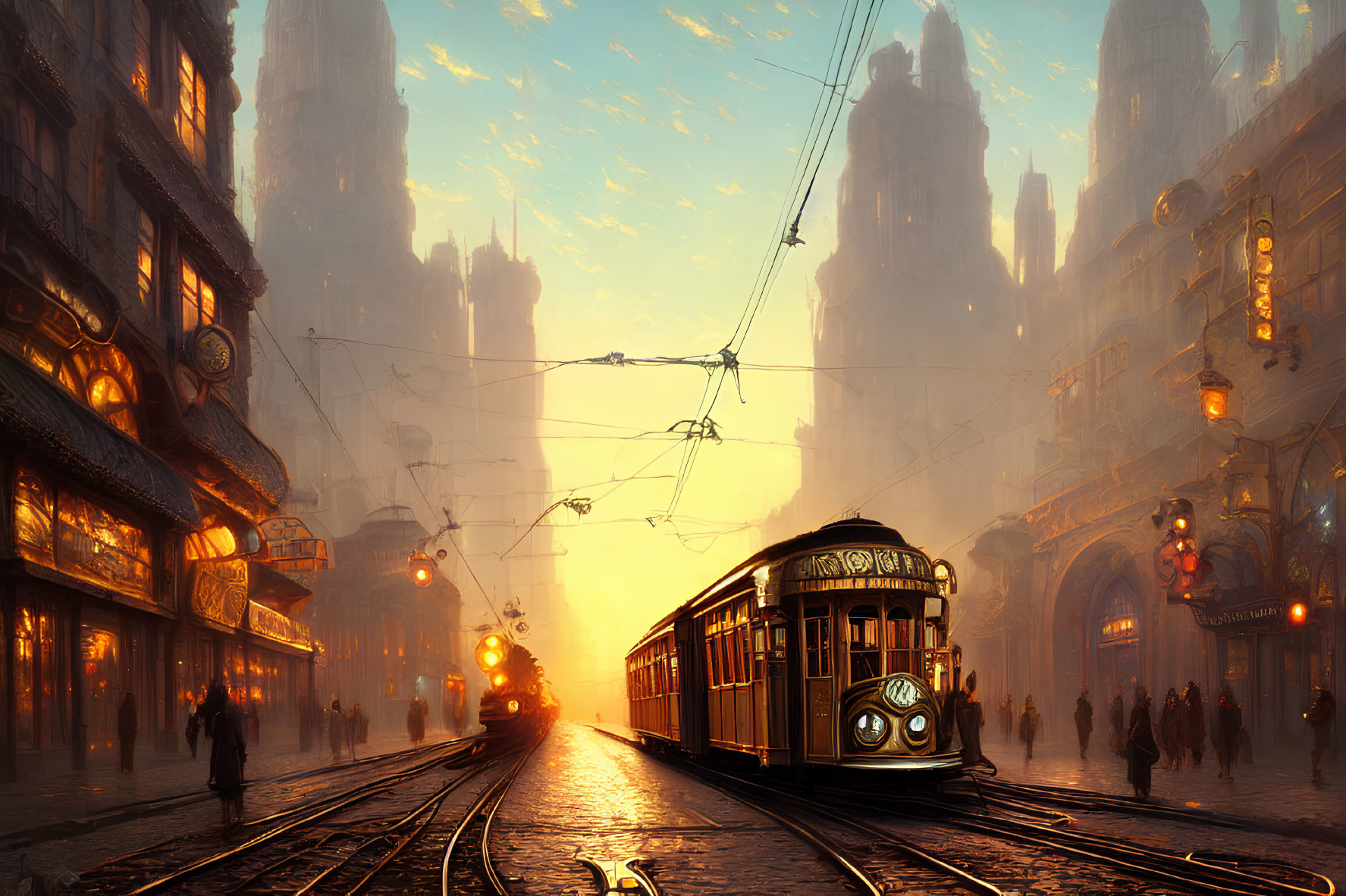 Vintage trams in nostalgic cityscape at sunset with ornate buildings