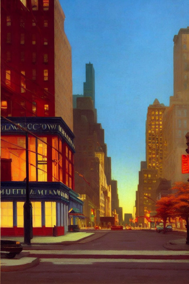 Cityscape painting at dusk with warm shop lighting, tall buildings, and autumn tree.