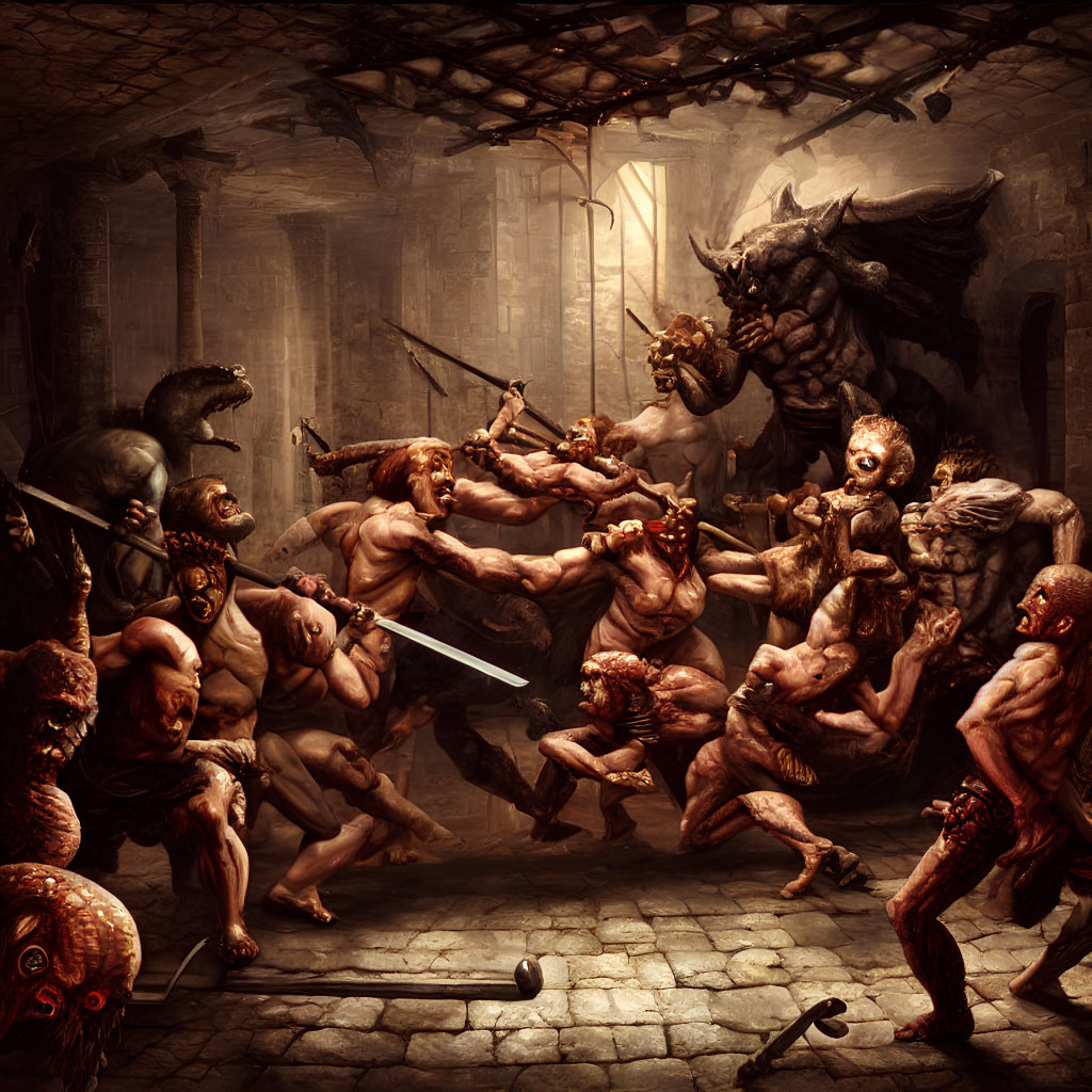 Muscular mythological warriors battling monsters in ancient stone chamber