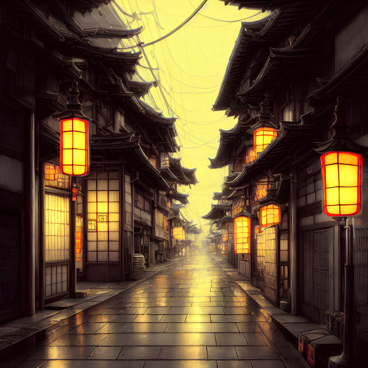 Digital artwork: Serene Asian street with historic buildings, red lanterns, misty ambiance, yellow