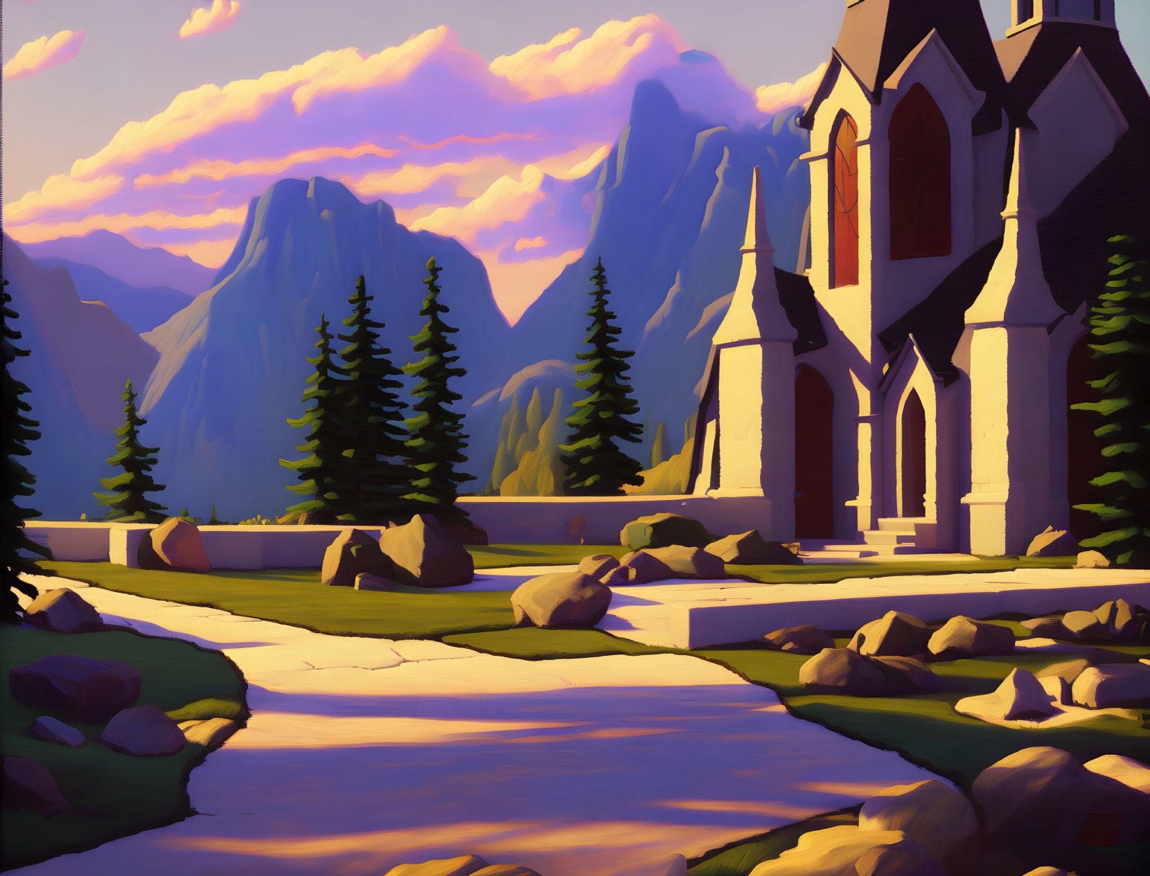Stylized church with spires in mountain landscape at sunset