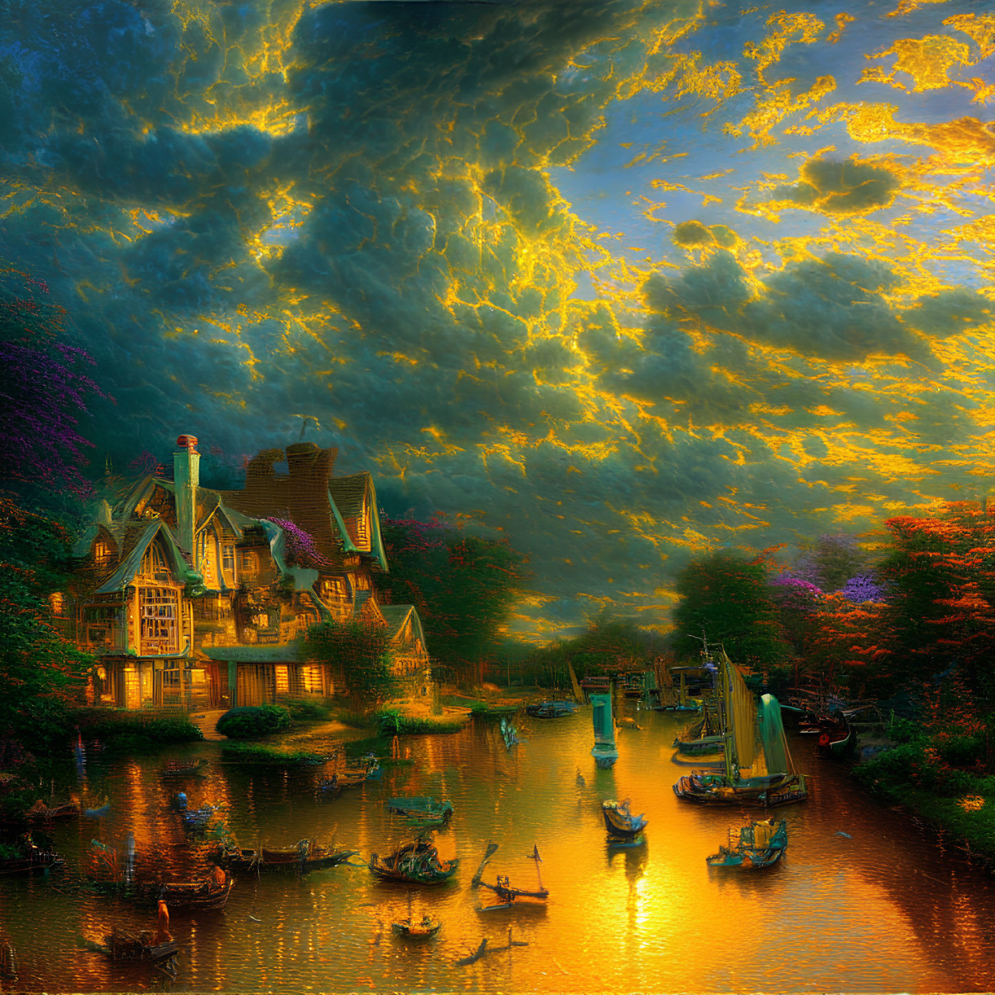 Colorful painting of riverside scene with boats and grand house under golden-lit sky