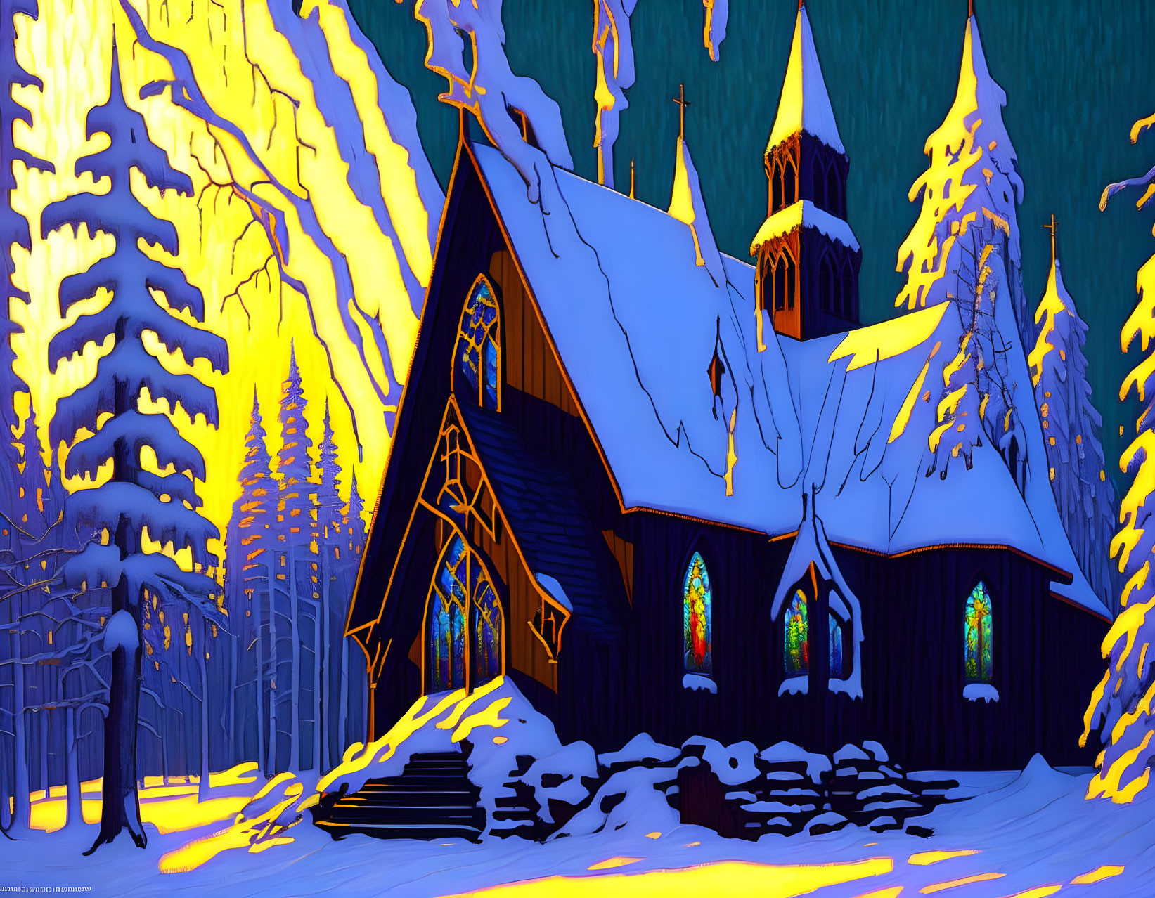 Snowy church scene with stained glass windows and sunset backdrop