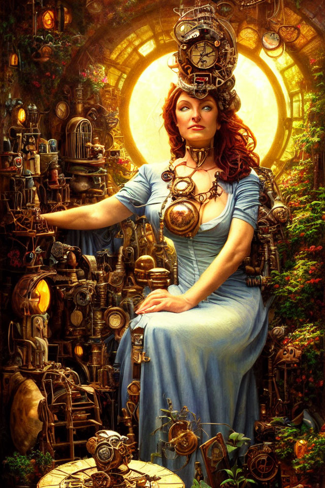 Steampunk-themed woman in blue dress surrounded by brass gears and clocks in golden-lit room