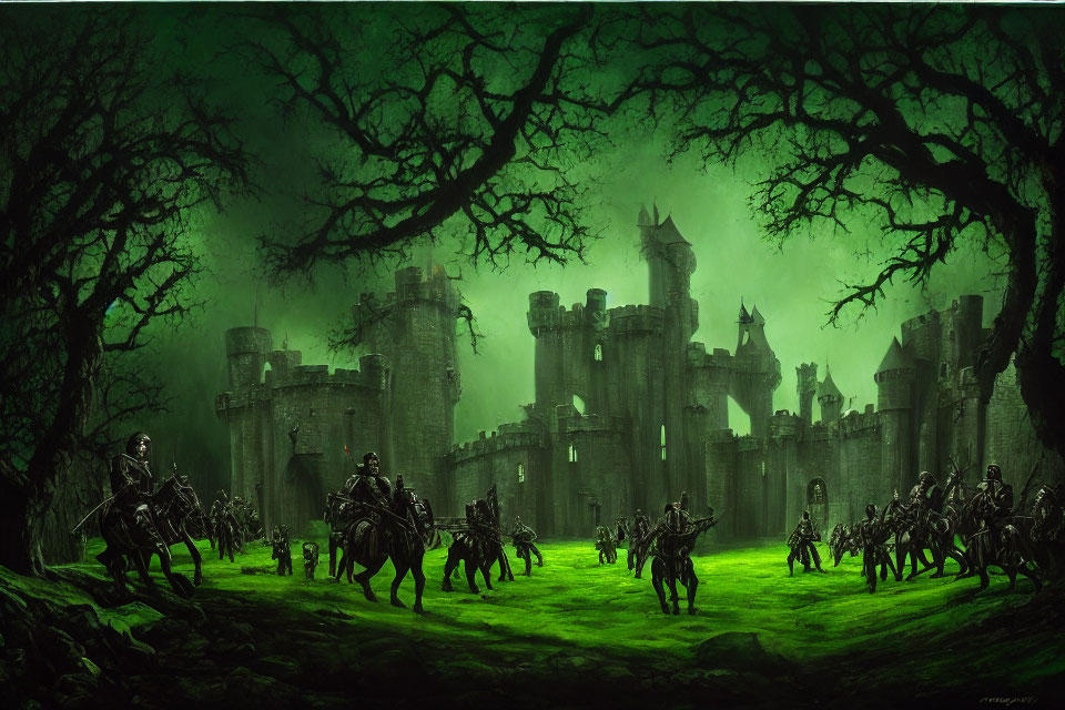 Dark Fantasy Landscape: Armored Knights, Foreboding Castle, Twisted Trees