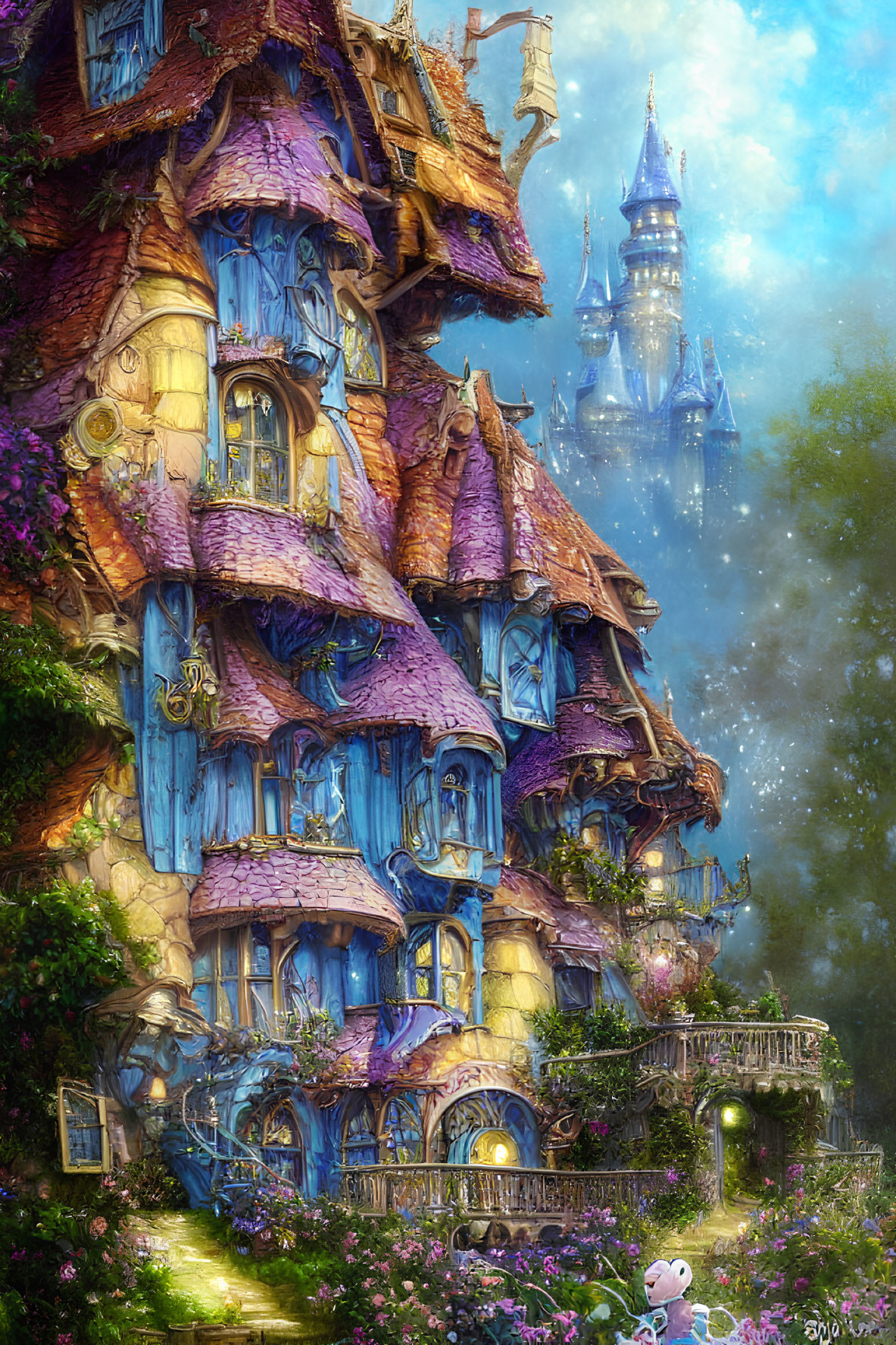 Fantasy cottage with blue roofs and teddy bear, surrounded by greenery and castle in misty