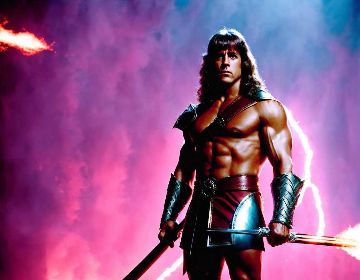 Muscular fantasy warrior in costume with sword in pink and purple smoke