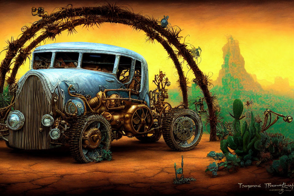 Steampunk vehicle in desert landscape with cacti and rocky outcrop