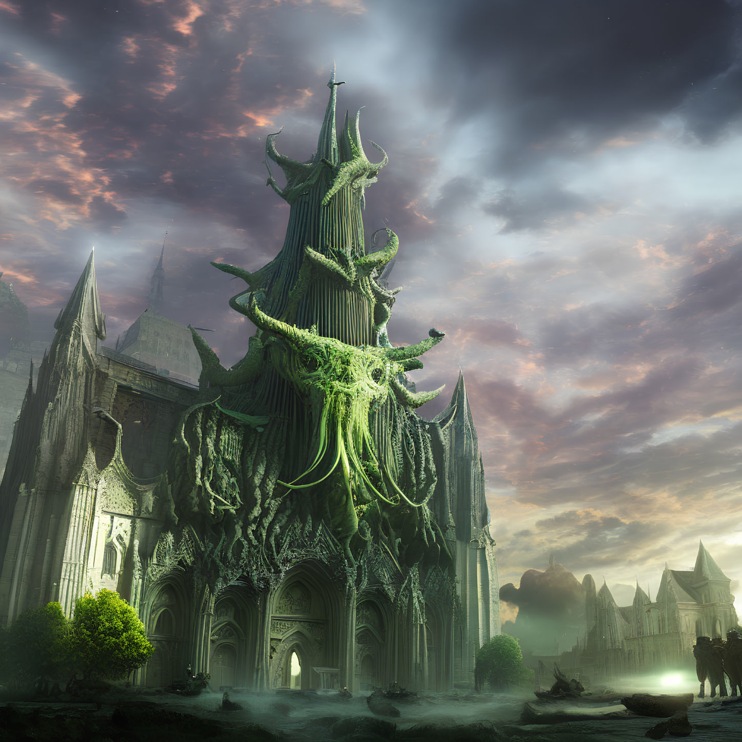 Gothic cathedral with green vines under dramatic dusk sky