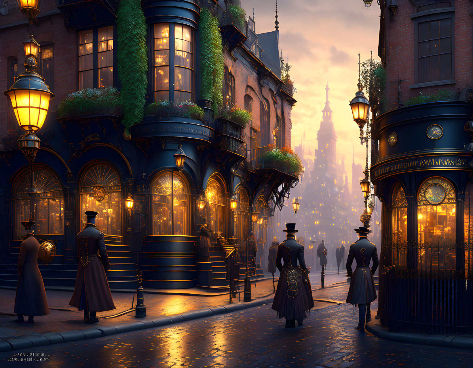 Victorian-themed evening street with vintage lamps & cityscape