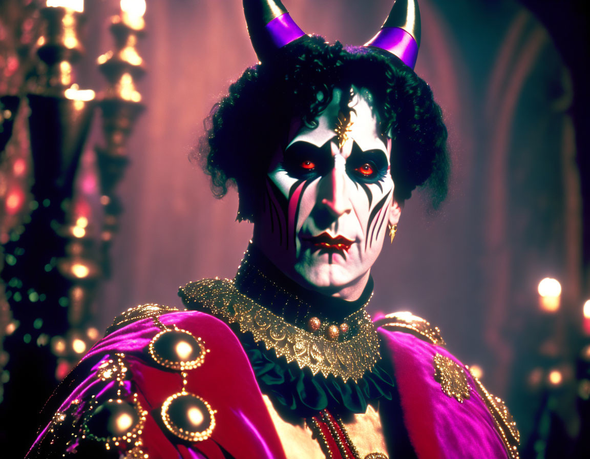 Elaborate jester or demon makeup in purple, red, and gold attire