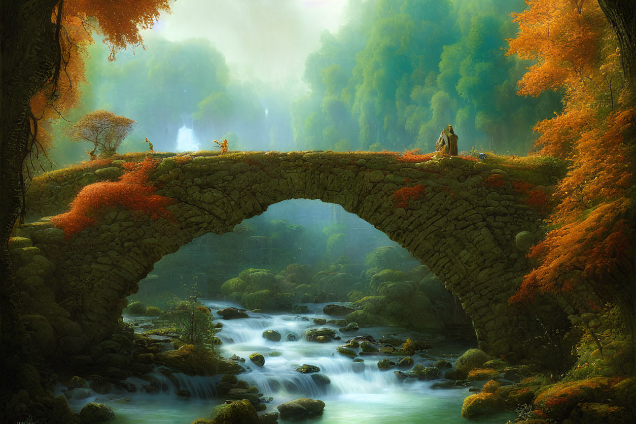 Stone bridge over stream in misty forest with red foliage and waterfall