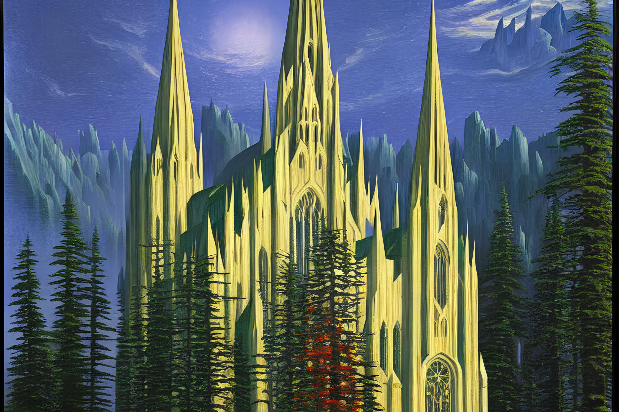 Gothic-style cathedral with evergreen trees and mountains in the background