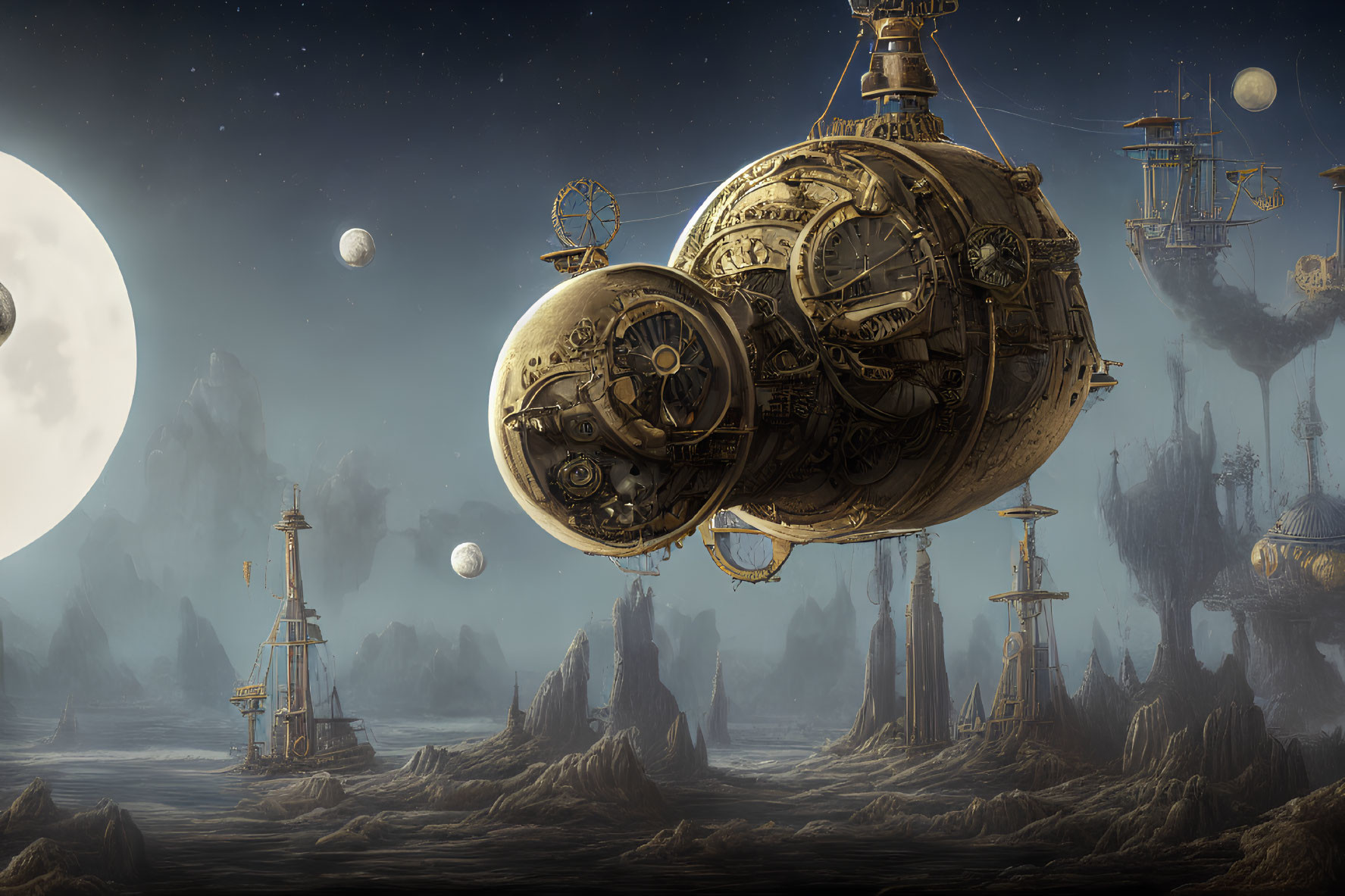 Steampunk-style spherical airship over rocky landscape at night