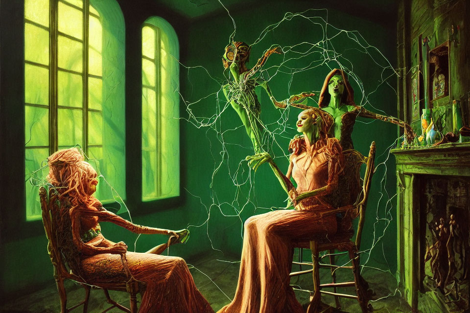 Fantastical artwork of humanoid figures with plant-like features in a green-tinted room