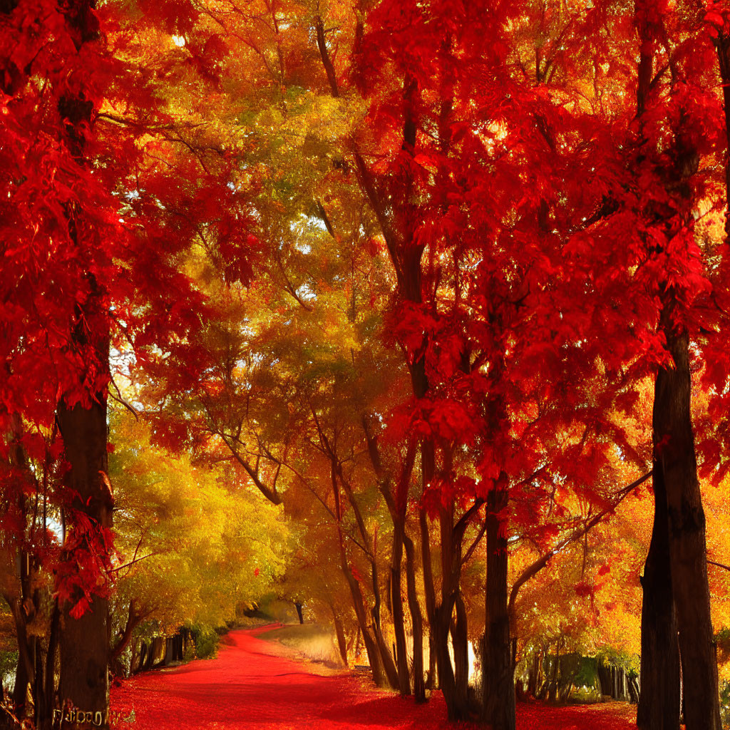 Autumn landscape with red and orange leaves, sunlit forest path