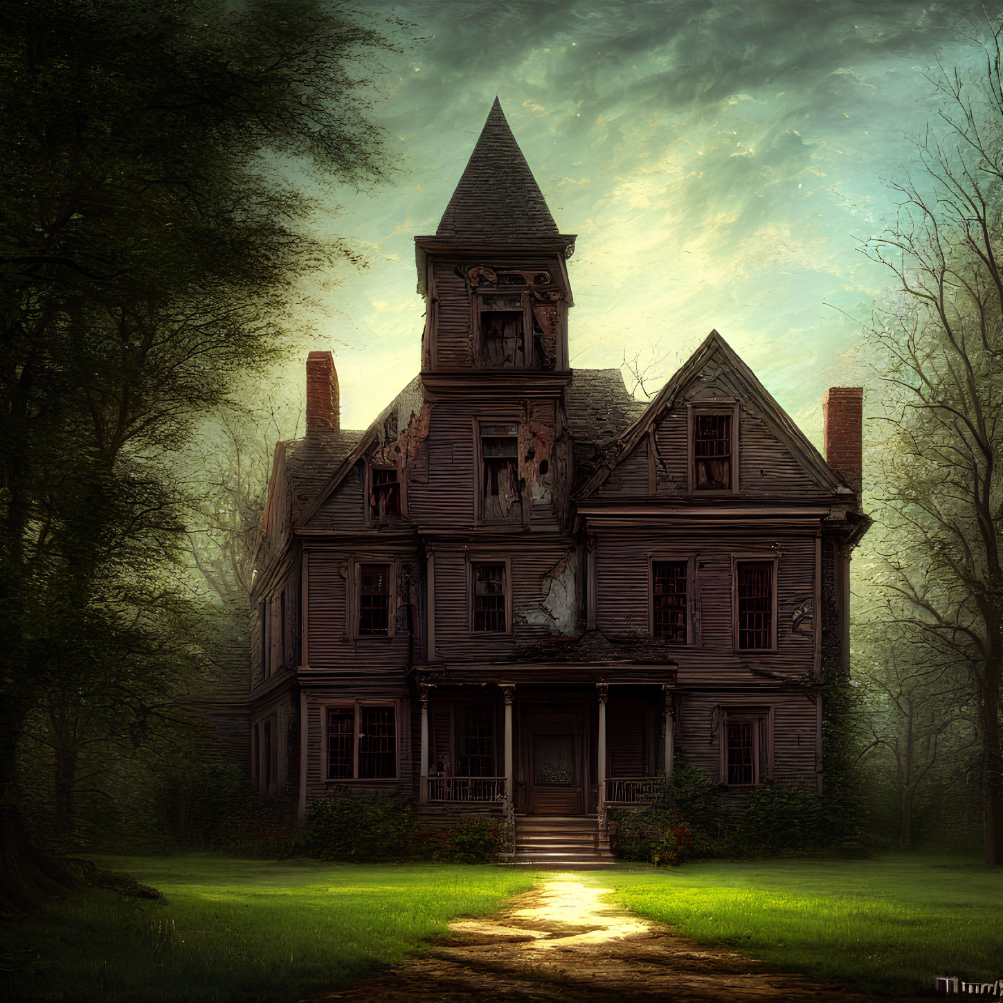 Eerie Victorian mansion with pointed tower in dense forest under cloudy sky