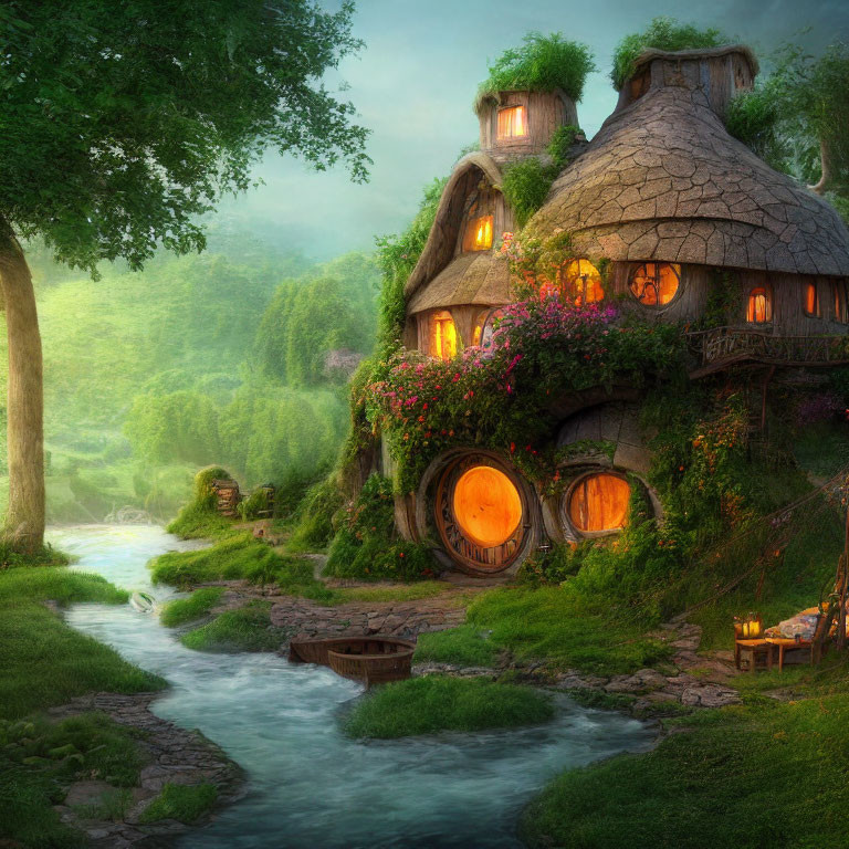 Fantasy cottage with thatched roofs by serene stream