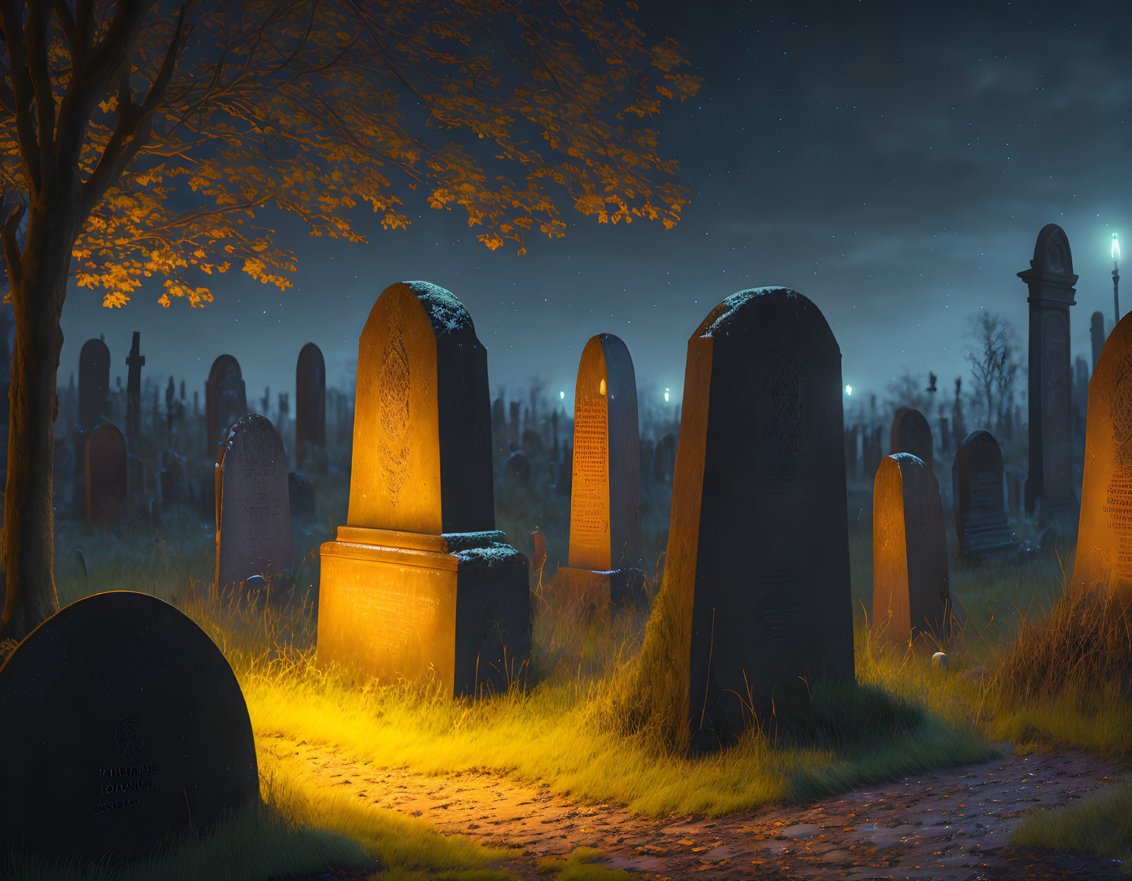 Night Cemetery Scene with Tombstones and Lamp Glow