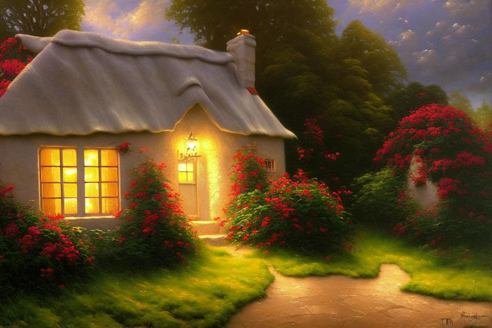 Twilight scene of cozy cottage with warm light and lush flowers