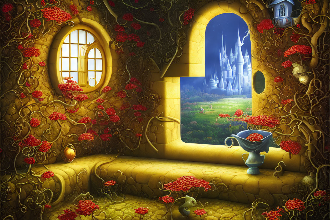 Fantasy interior with golden walls, red vines, round window, castle view, blue vase, and