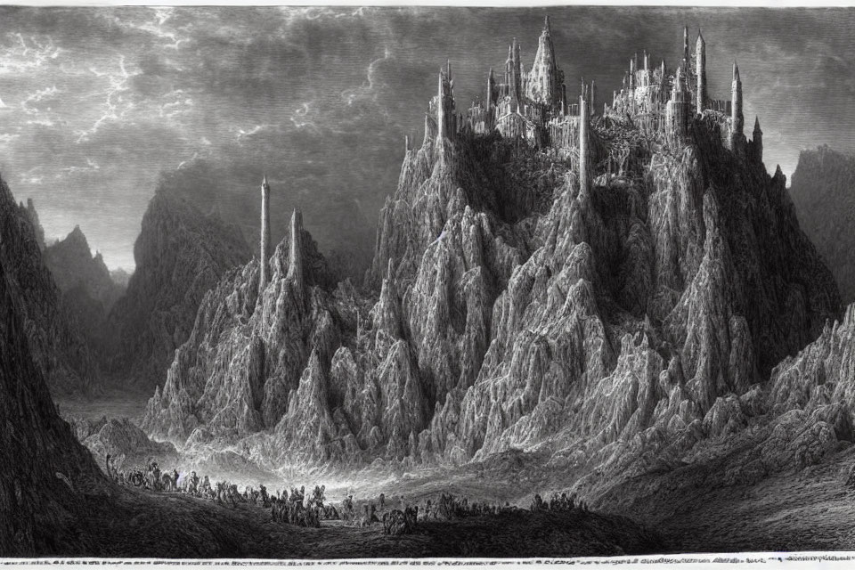 Detailed black and white illustration of a castle on a mountain with figures.