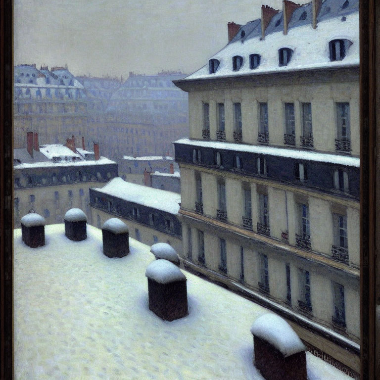 Snowy Parisian Rooftop Scene with Covered Chimney Pots