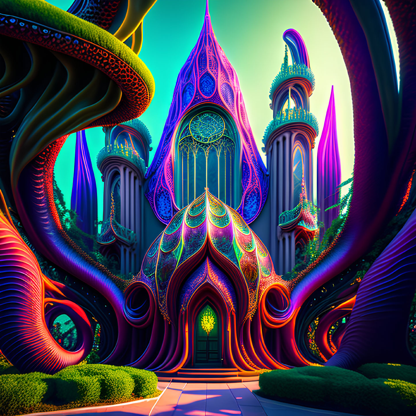 Psychedelic digital artwork of a vibrant, fantastical castle