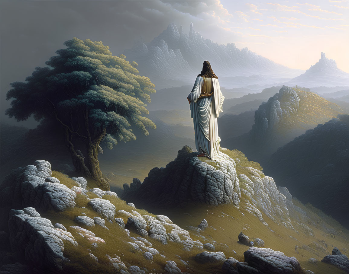 Robed Figure on Rocky Outcrop Overlooking Misty Mountain Landscape