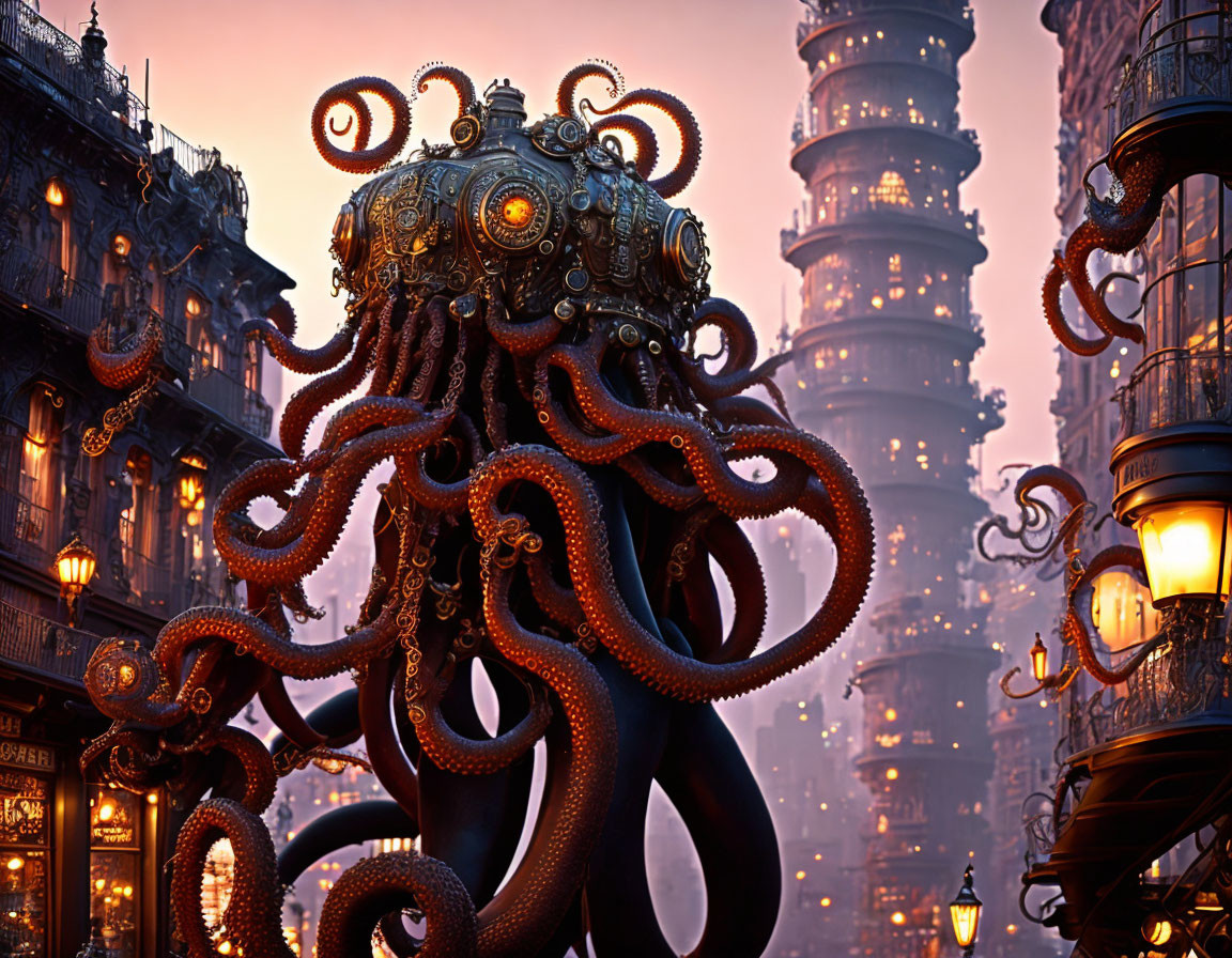 Steampunk-style octopus with mechanical features in urban setting